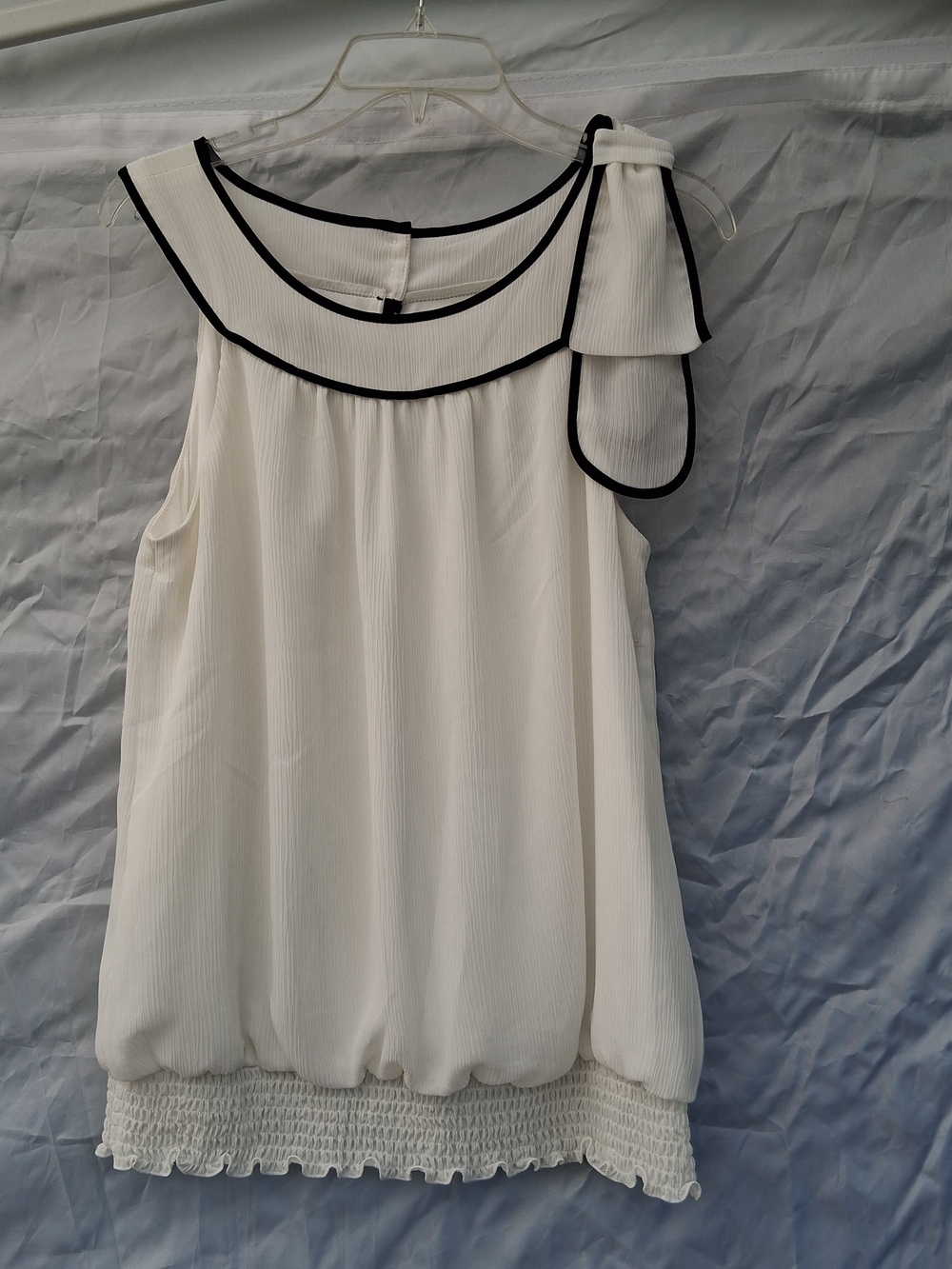AB Studio White Sleeveless Ruffle Top with Black Piping